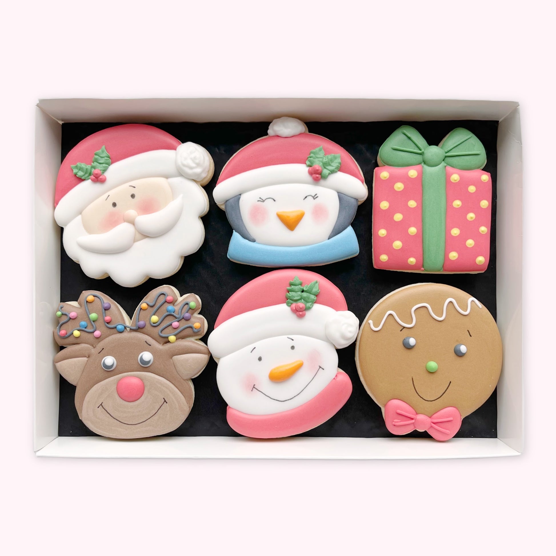 Christmas iced biscuits in an open gift box by katies biscuit shop 