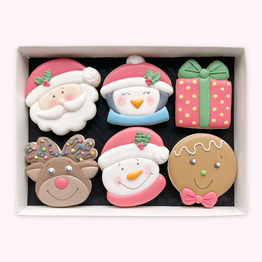Six hand-iced Christmas biscuits featuring Santa, a penguin, a present, a reindeer, a snowman and a gingerbread face in a white gift box.