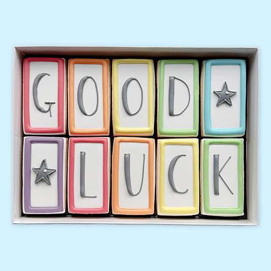 Ten rectangular iced biscuits with colourful borders, grey letters spelling ‘GOOD LUCK’ and two star designs, arranged in a white gift box.”

Photo 2 title: “Good Luck Blocks Biscuit Gift Box – Hand-Held View