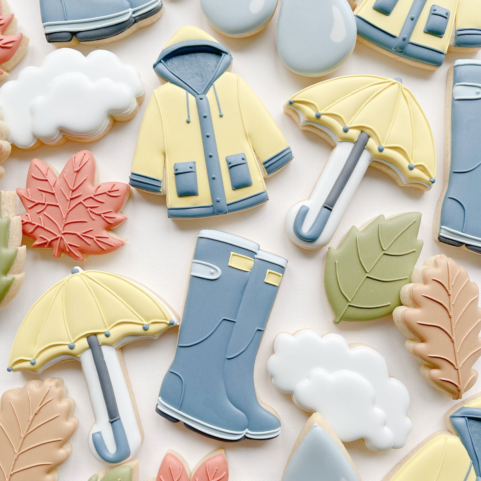 rainy day themed decorated cookies 