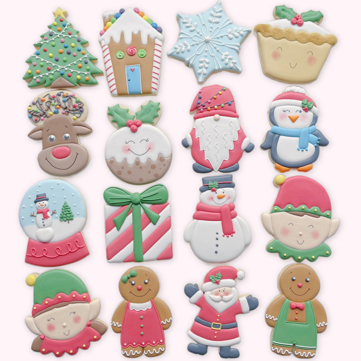 Sixteen hand-iced Christmas biscuit designs arranged on a pale pink background, including Santa, elves, a reindeer, snowman, penguin and festive decorations.