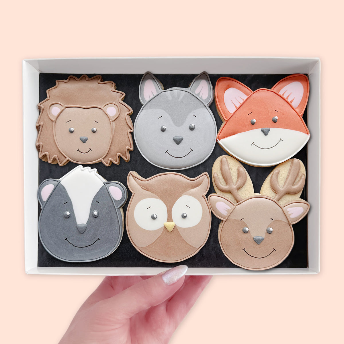 Hand holding an open white gift box containing six hand-iced woodland animal biscuits.