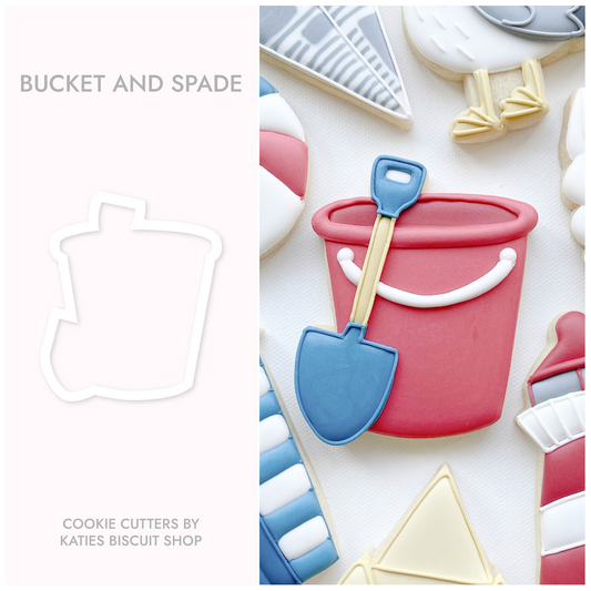 3D printed cookie cutter in the shape of a bucket and spade 