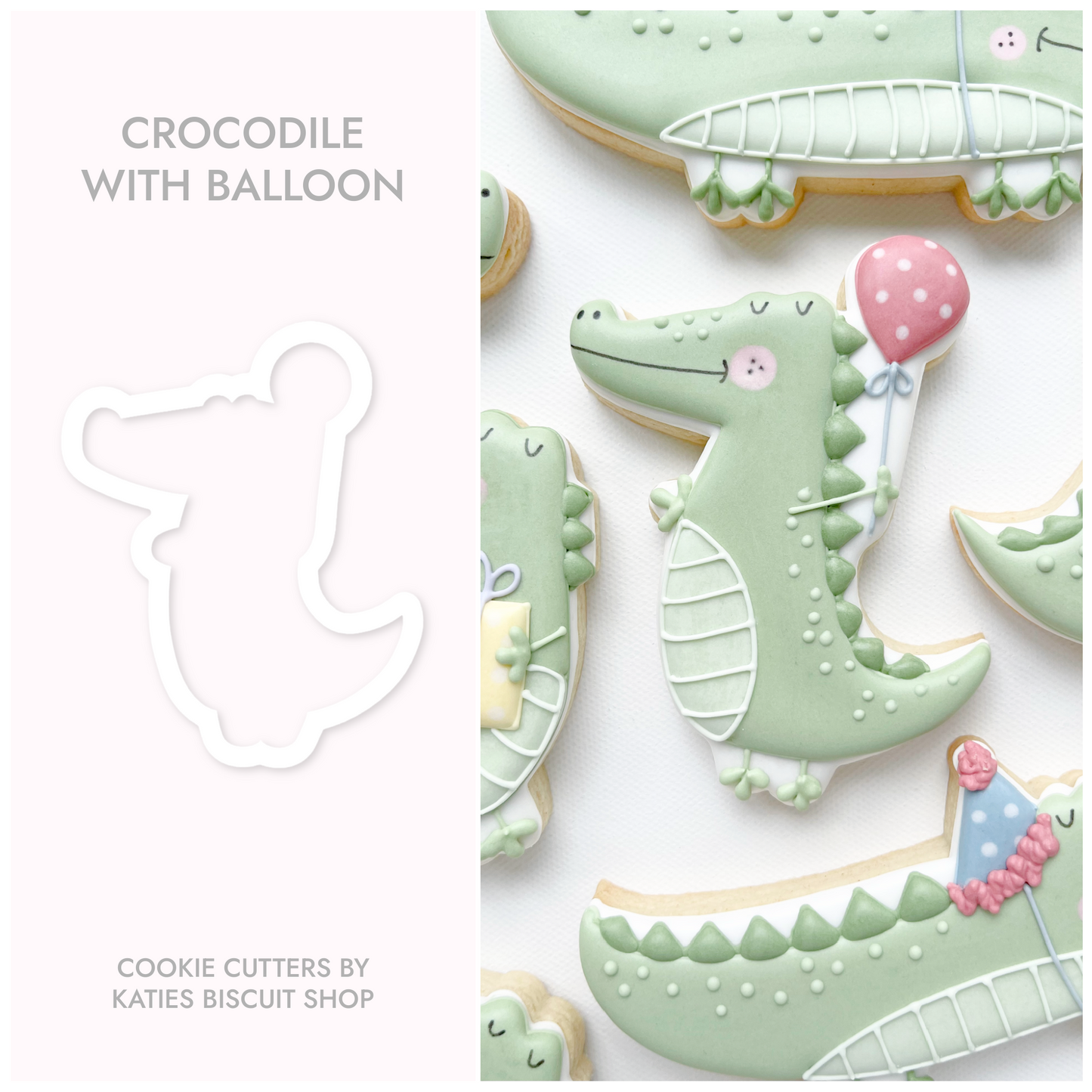 3D printed cookie cutter by katies biscuit shop in the shape of a crocodile holding a balloon 