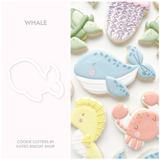 3D printed cookie cutter by katies biscuit shop in the shape of a whale 