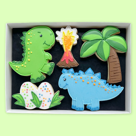 Hand iced dinosaur themed biscuits in an open white gift box by Katie's biscuit shop 